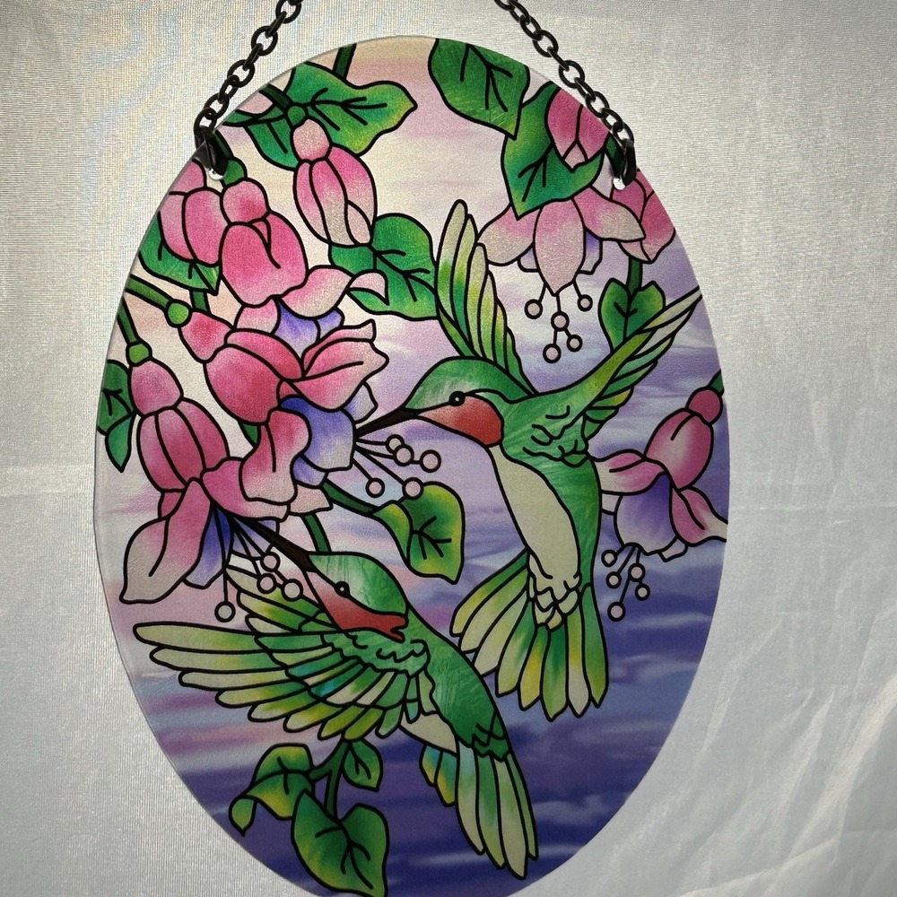 VINTAGE Stained Glass HUMMINGBIRD OVAL Hanging Suncatcher ~5x7 Inch Panel Fused